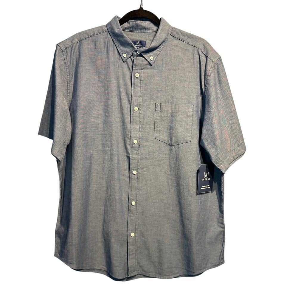 NWT George Size Large Short Sleeve Button Up Blue Chambray Business Casual